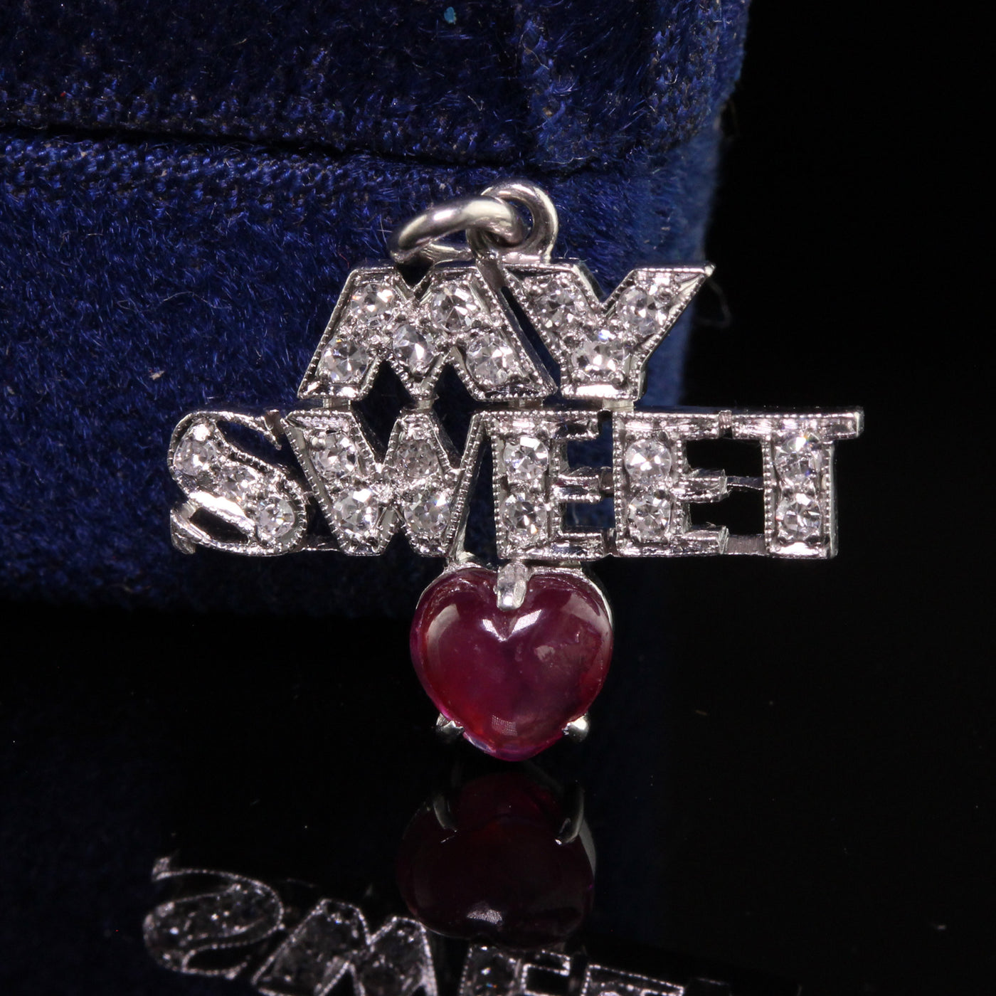 Antique Art Deco Platinum Diamond and Natural Ruby My Sweet Heart Charm