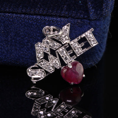 Antique Art Deco Platinum Diamond and Natural Ruby My Sweet Heart Charm