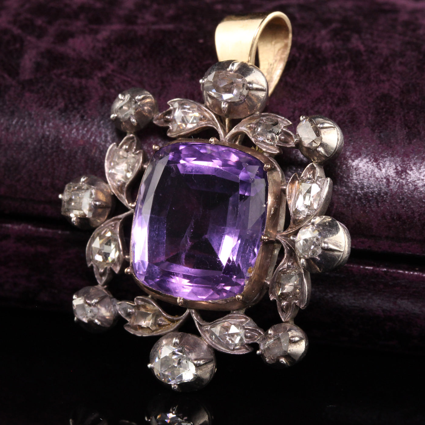 Antique Georgian Silver and 14K Yellow Gold Diamond and Amethyst Pendant
