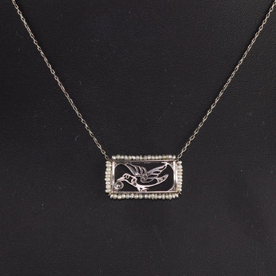 Antique Edwardian Platinum Rose Cut Diamond and Seed Pearl Bird Necklace