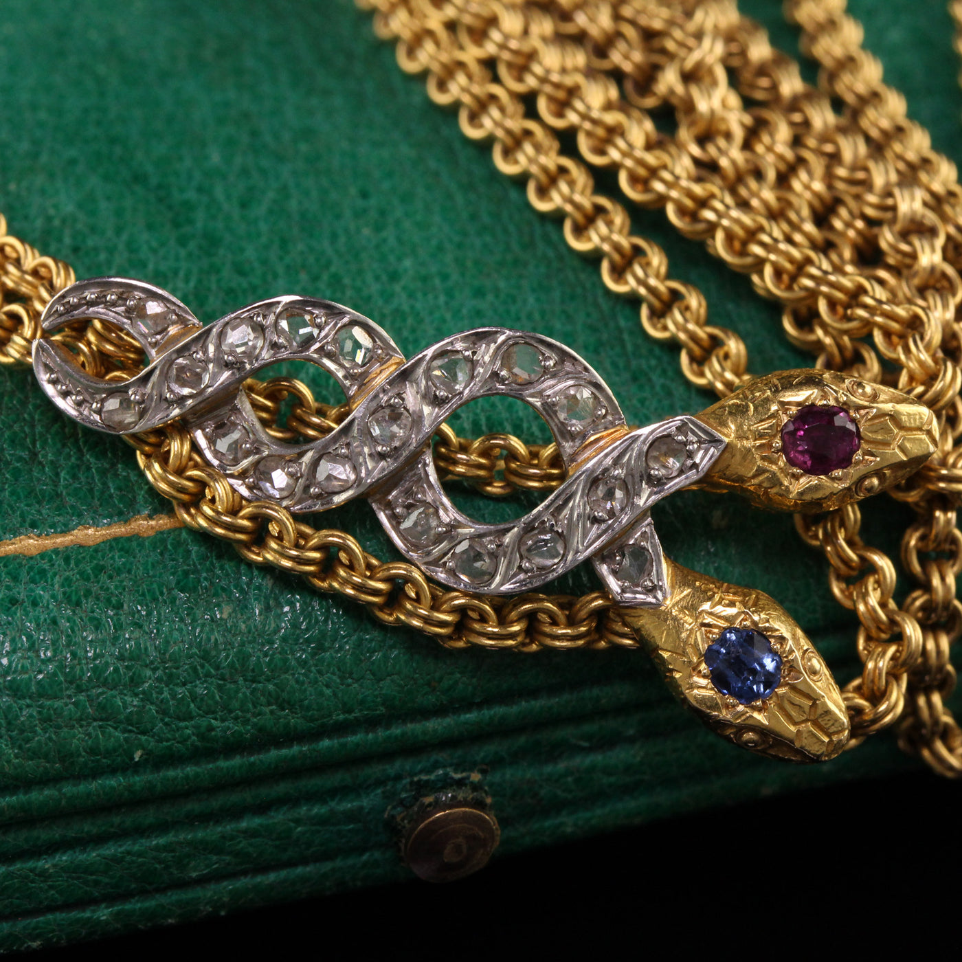Antique Edwardian 18K Yellow Gold Rose Cut Diamond Ruby Sapphire Snake Necklace