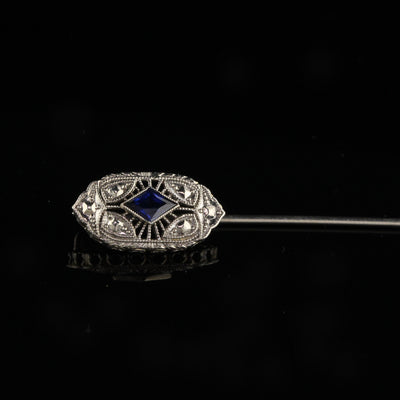 Antique Art Deco 14K White Gold Synthetic Sapphire Stick Pin