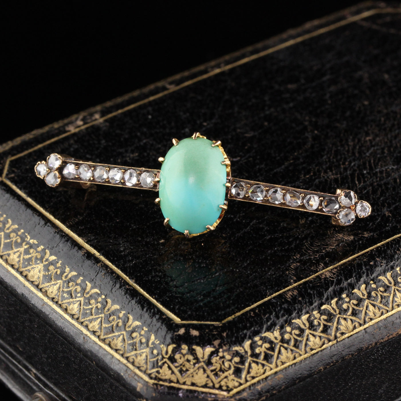 Antique Victorian 18K Yellow Gold Turquoise and Diamond Brooch
