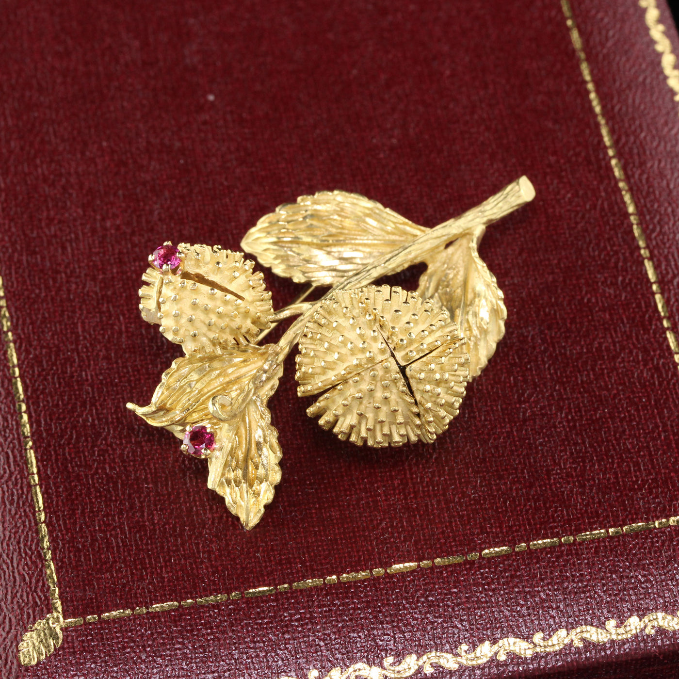 Vintage Estate Tiffany & Co 18K Yellow Gold Ruby and Diamond Flower Brooch