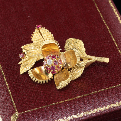 Vintage Estate Tiffany & Co 18K Yellow Gold Ruby and Diamond Flower Brooch