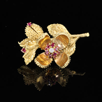 Vintage Estate Tiffany & Co 18K Yellow Gold Ruby and Diamond Flower Brooch