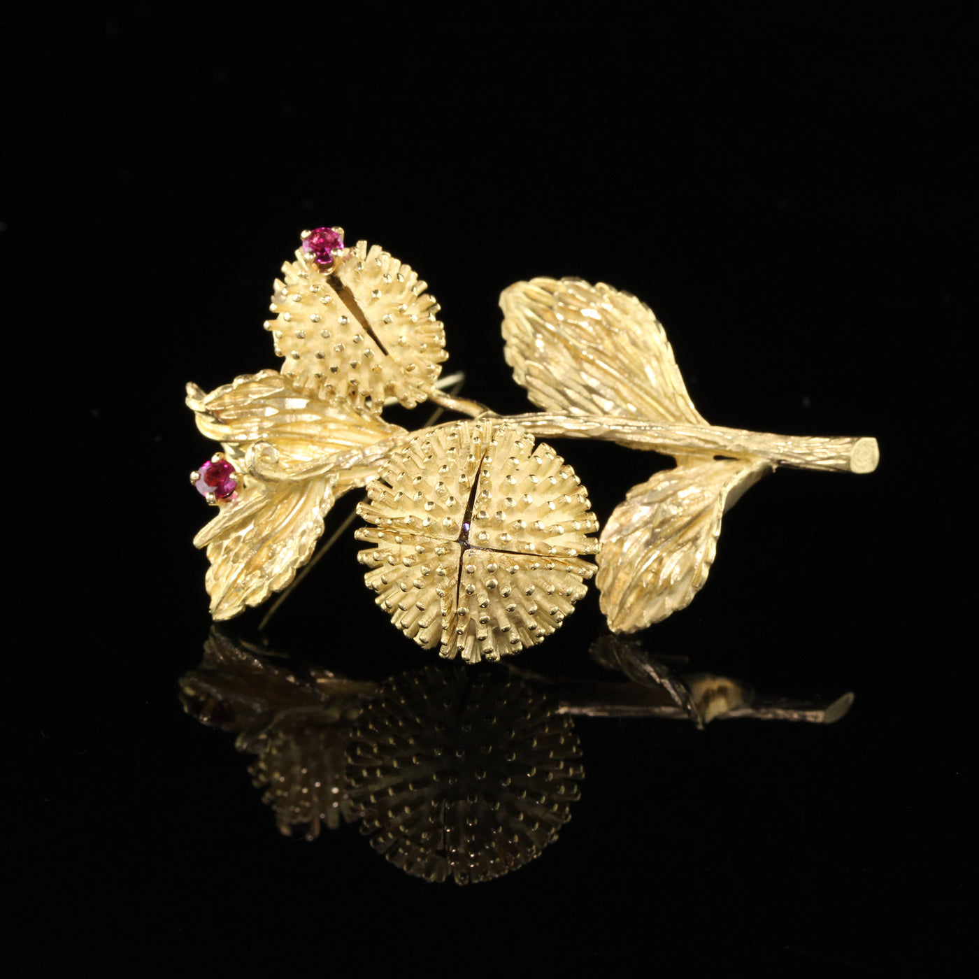 Vintage Estate Tiffany & Co 18K Yellow Gold Ruby and Diamond Flower Brooch