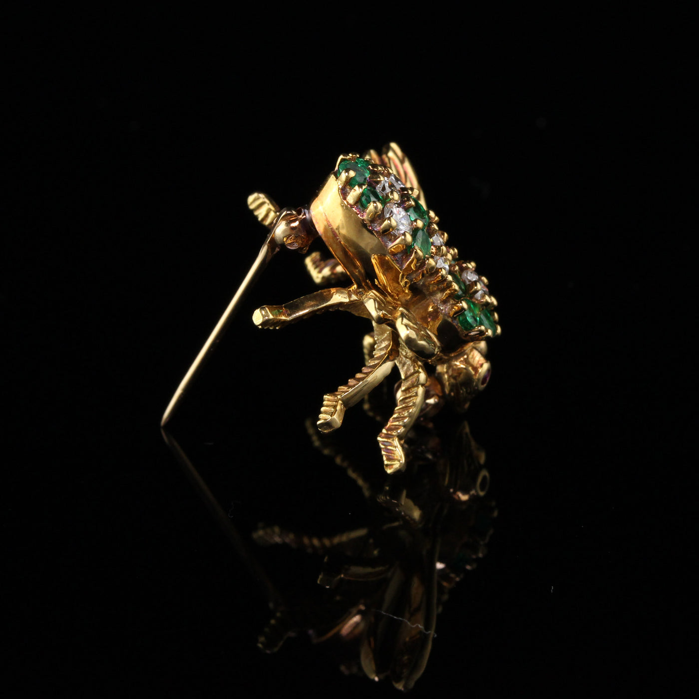 Vintage Herbert Rosenthal 18K Yellow Gold Diamond Emerald and Ruby Bee Pin