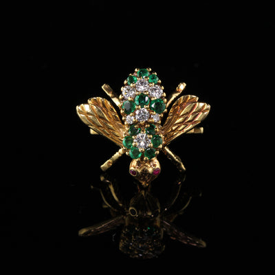 Vintage Herbert Rosenthal 18K Yellow Gold Diamond Emerald and Ruby Bee Pin