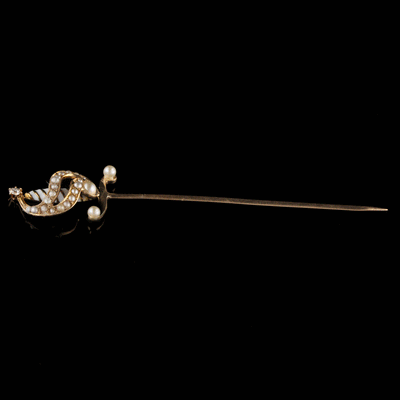 Antique Victorian 14K Yellow Gold Pearl and Diamond Sword Pin