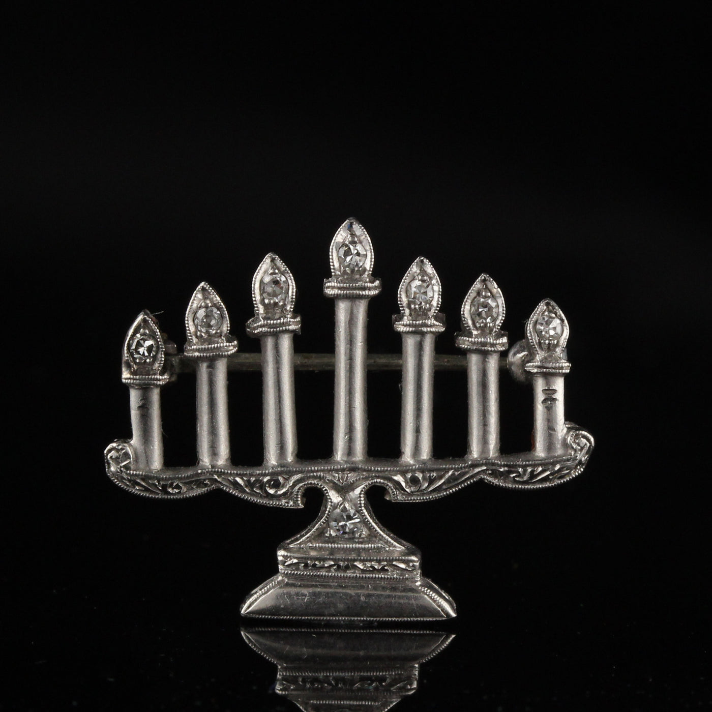 Antique Art Deco Platinum Diamond Menorah Pin
