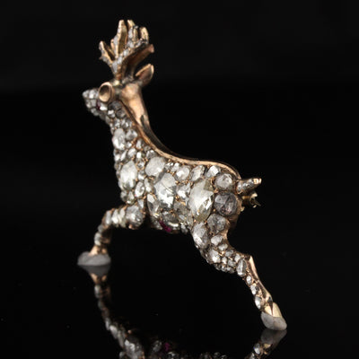 Antique Georgian 12K Rose Gold Rose Cut Diamond Deer Pin