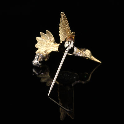 Vintage 14K Yellow Gold Diamond Hummingbird Pin