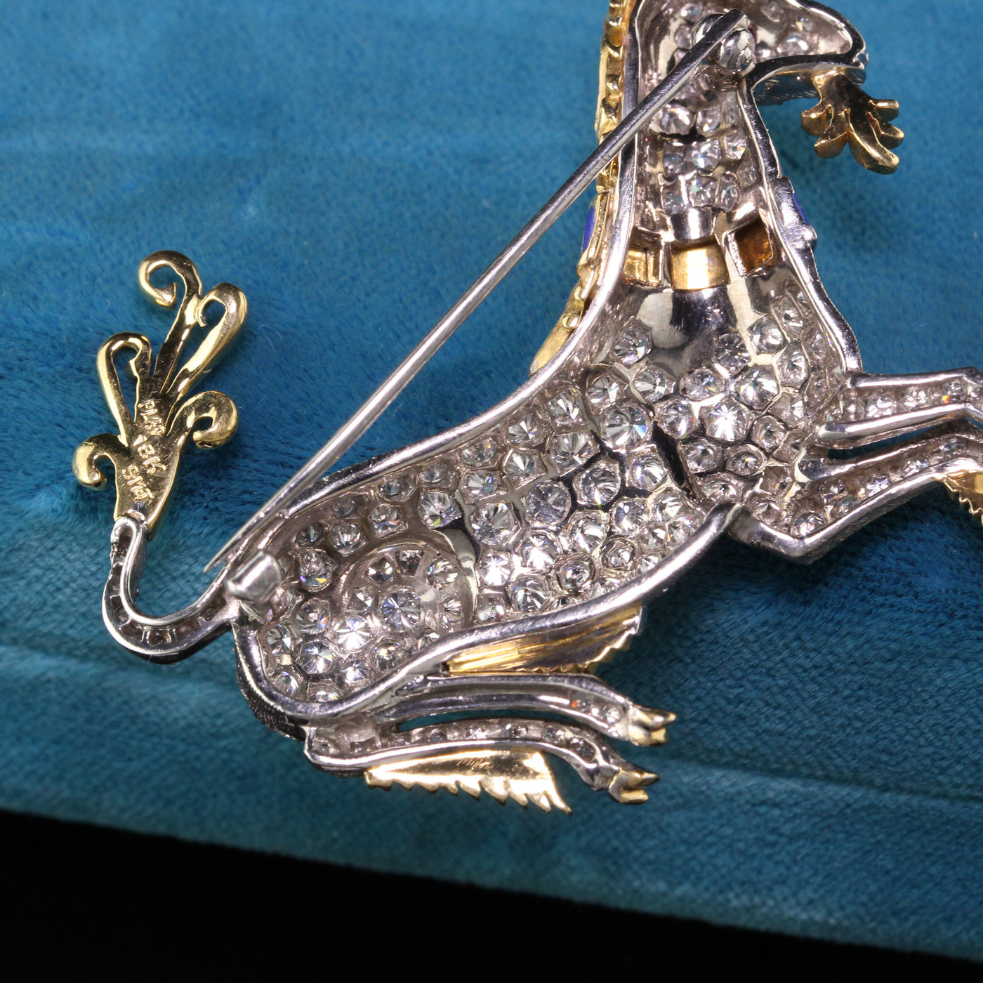 Vintage Mcteigue and Co 18K Yellow Gold Platinum Diamond Enamel Unicorn Brooch