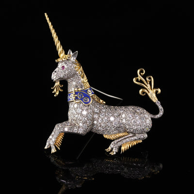 Vintage Mcteigue and Co 18K Yellow Gold Platinum Diamond Enamel Unicorn Brooch