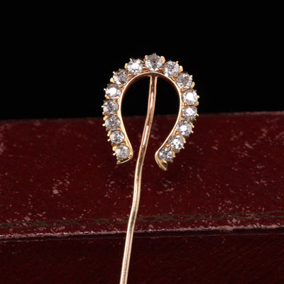 Antique Victorian 14K Rose Gold Old Mine Diamond Horseshoe Stick Pin