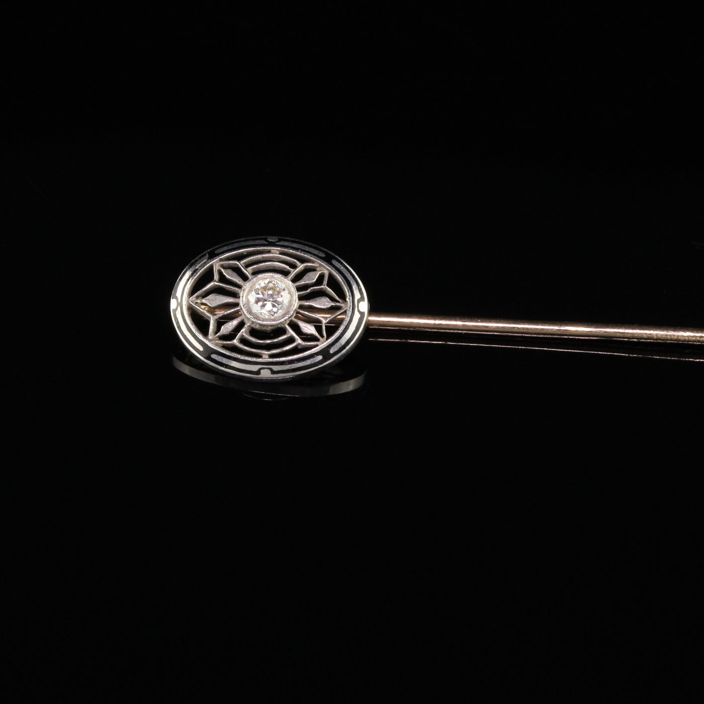 Antique Art Deco Tiffany and Co Platinum Enamel Old European Diamond Stick Pin