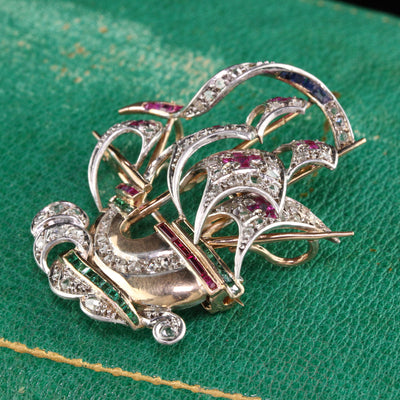 Antique Victorian 18K Rose Gold Diamond Ruby Emerald Sapphire Santa Maria Boat Pin