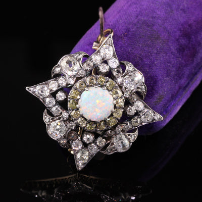 Antique Victorian 18K Yellow Gold Silver Top Old Mine Diamond and Opal Pin Pendant