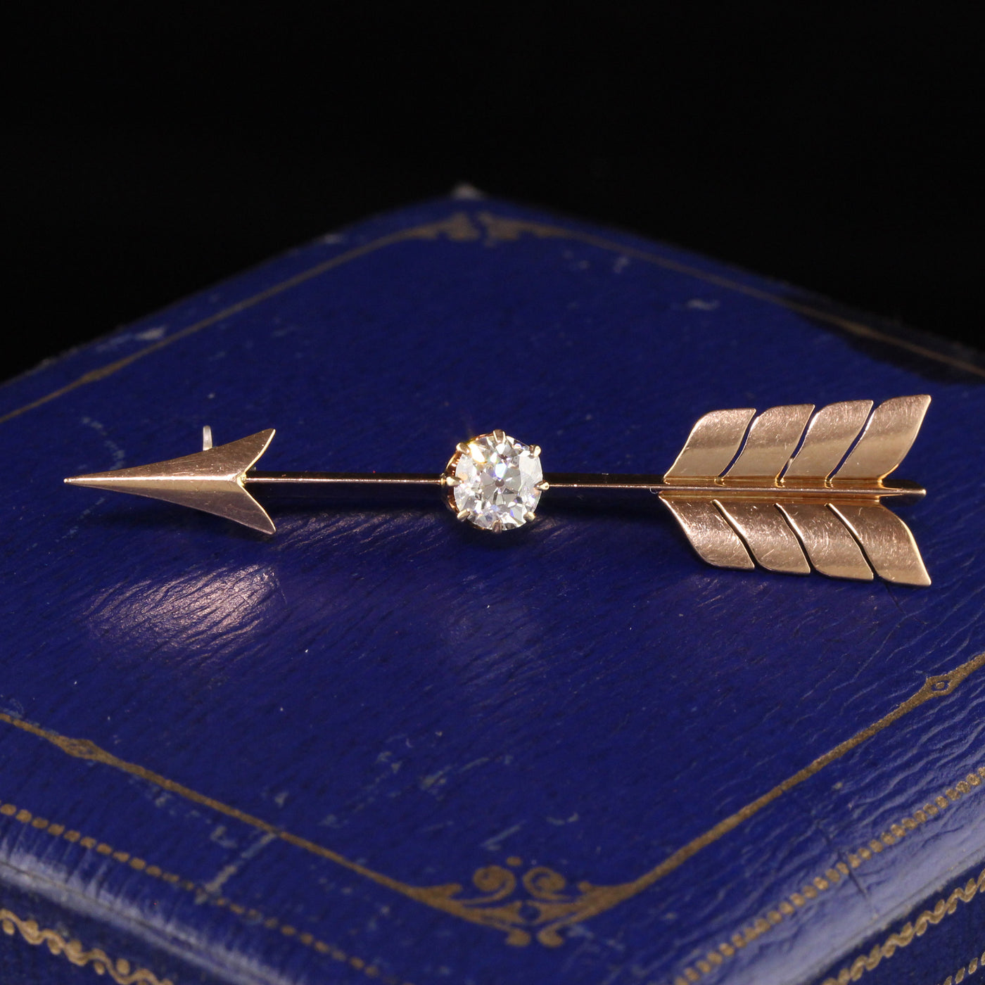 Antique Art Deco 18K Rose Gold Old Mine Cut Diamond Arrow Pin