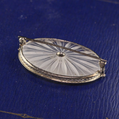 Antique Art Deco 10K White Gold Camphor Glass Engraved Pin