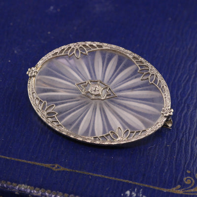 Antique Art Deco 10K White Gold Camphor Glass Engraved Pin