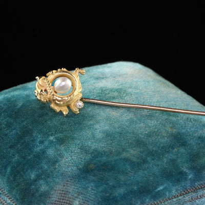 Antique Victorian 18K Yellow Gold Old Mine Cut Diamond Pearl Griffin Stickpin