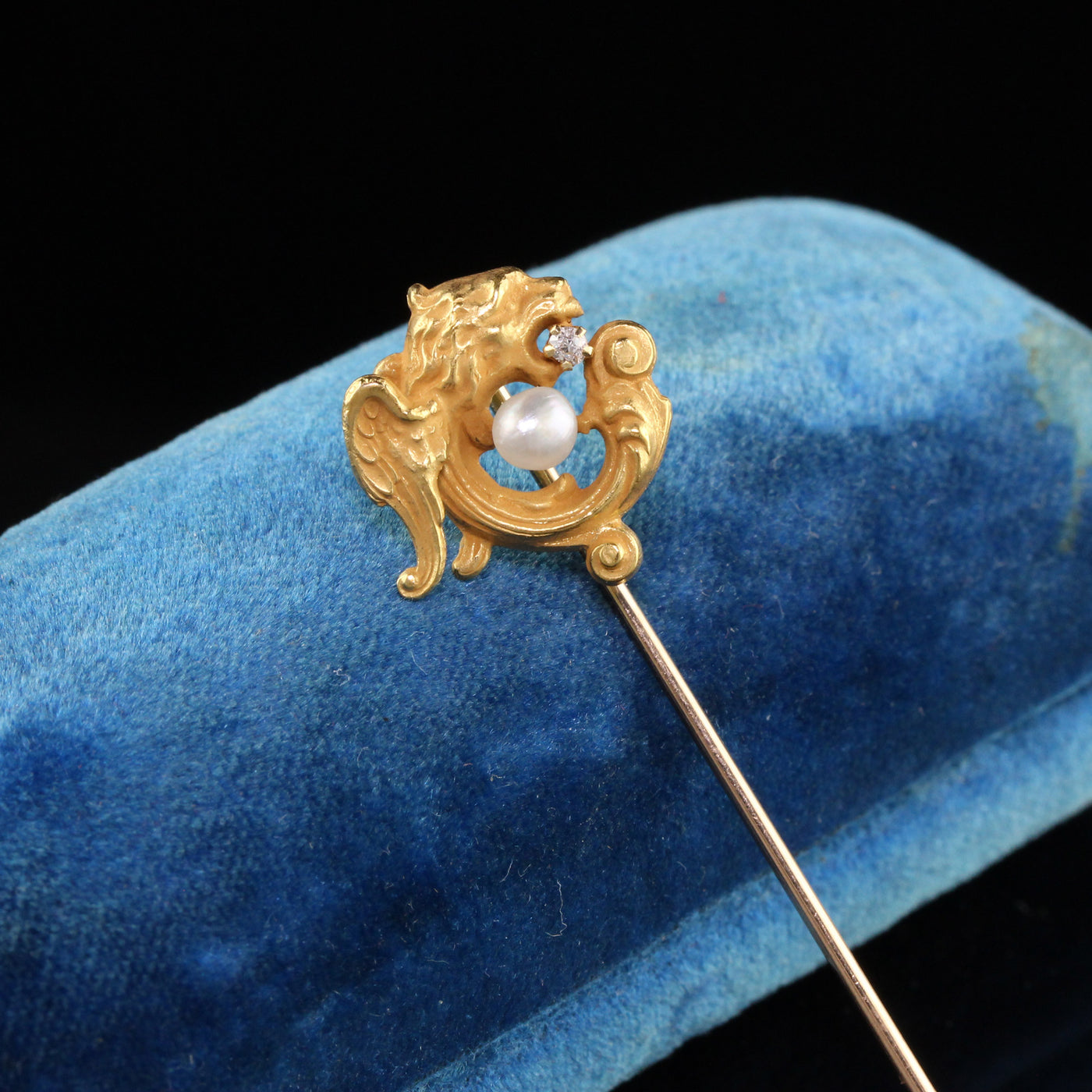 Antique Victorian 14K Yellow Gold Diamond and Pearl Griffin Stickpin