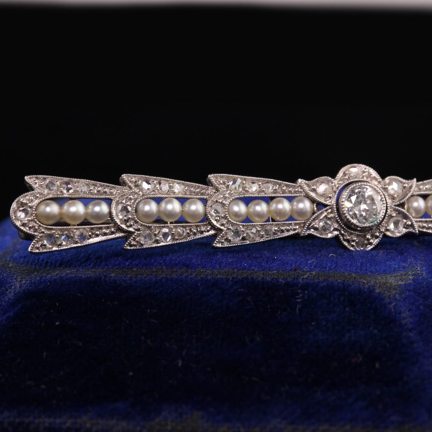 Antique Art Deco 18K White Gold Old European Diamond Rose Cut Pearl Pin