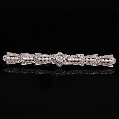 Antique Art Deco 18K White Gold Old European Diamond Rose Cut Pearl Pin