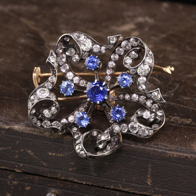 Antique Victorian 18K Yellow Gold Silver Top Old Mine Diamond and Sapphire Pin