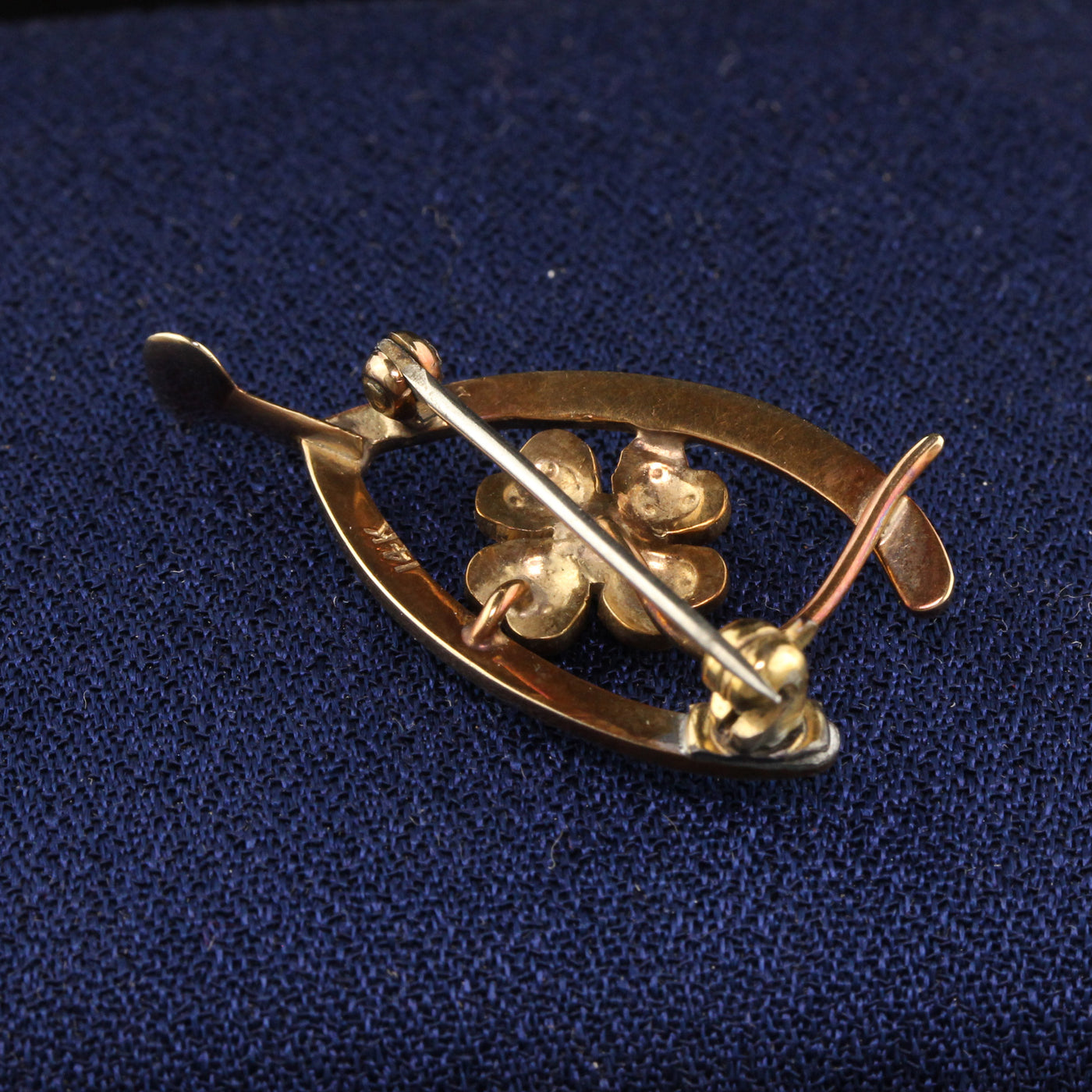 Antique Victorian 14K Yellow Gold Seed Pearl Shamrock Wishbone Pin