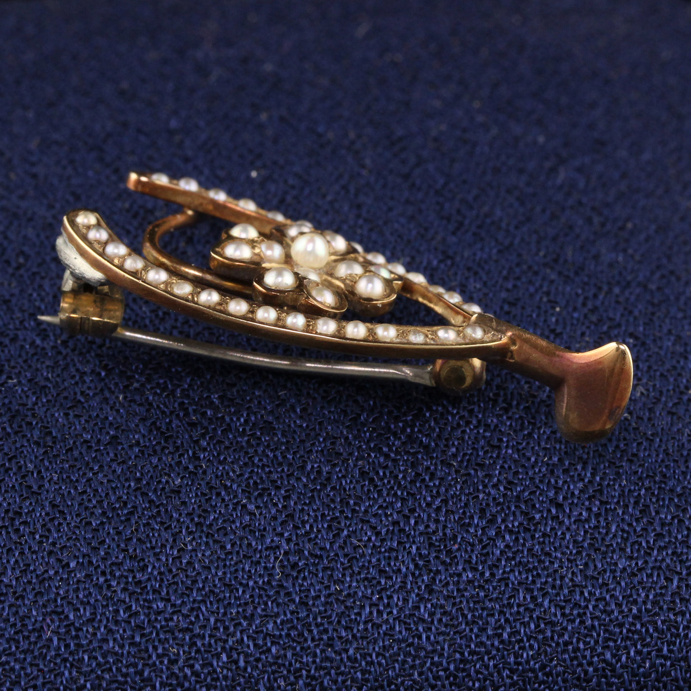 Antique Victorian 14K Yellow Gold Seed Pearl Shamrock Wishbone Pin