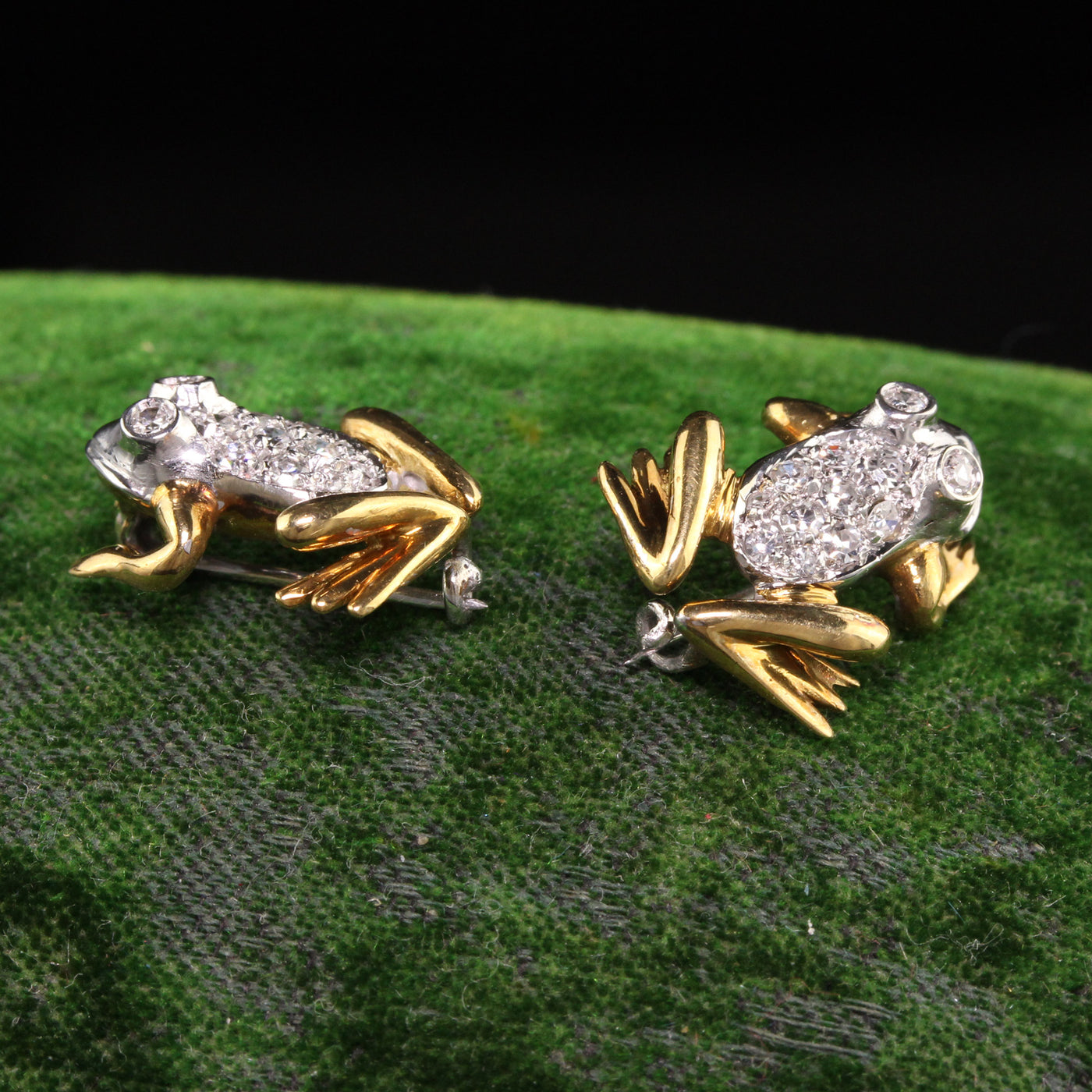Retro Estate 18K Yellow Gold and Platinum Diamond Frog Lapel Pin Brooches