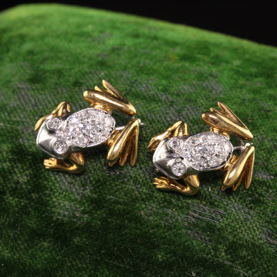 Retro Estate 18K Yellow Gold and Platinum Diamond Frog Lapel Pin Brooches