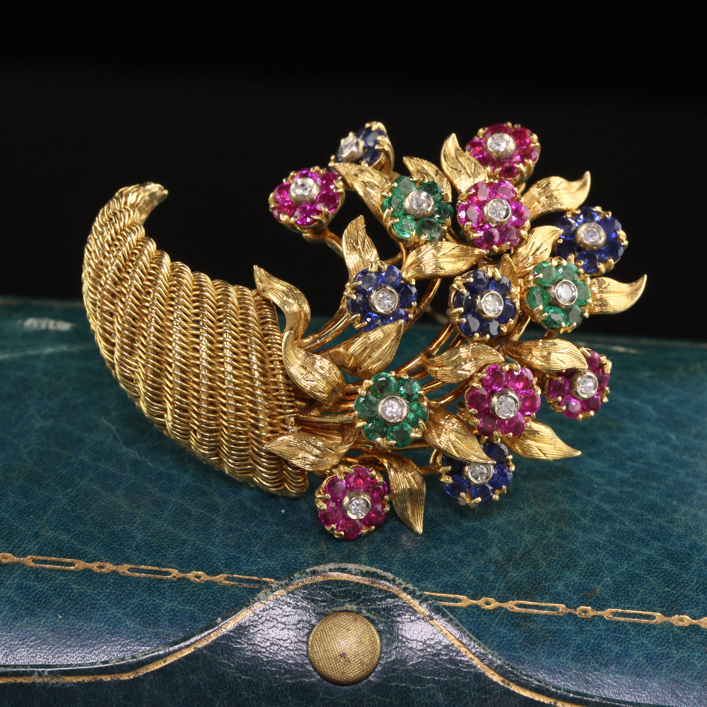 Vintage Retro Tiffany and Co 18K Yellow Gold Cornucopia Sapphire Flower Pin