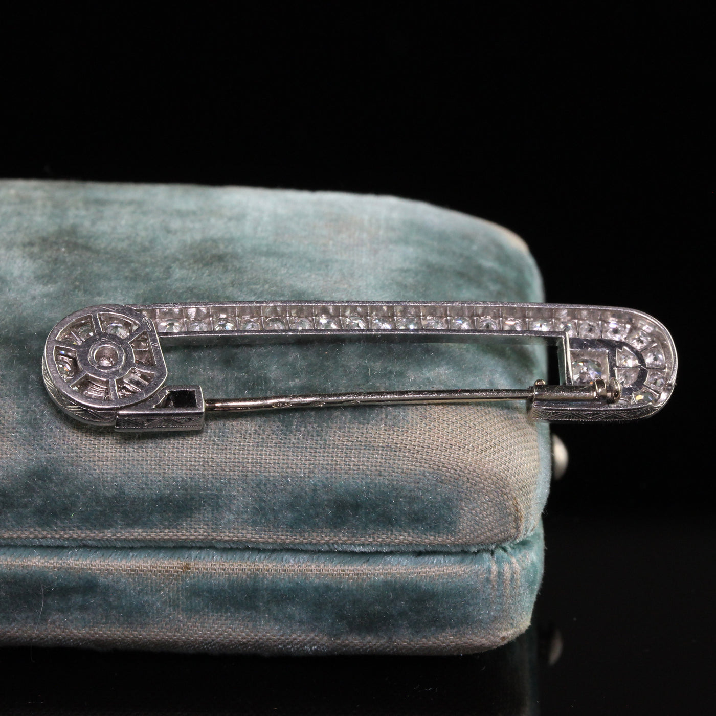 Antique Art Deco Platinum Old European Cut Diamond Engraved Safety Pin