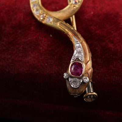 Antique Victorian French 18K Yellow Gold Rose Cut Diamond and Ruby Snake Pin