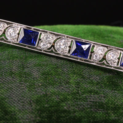Antique Art Deco Tiffany and Co Platinum Sapphire and Diamond Bar Pin - AGL