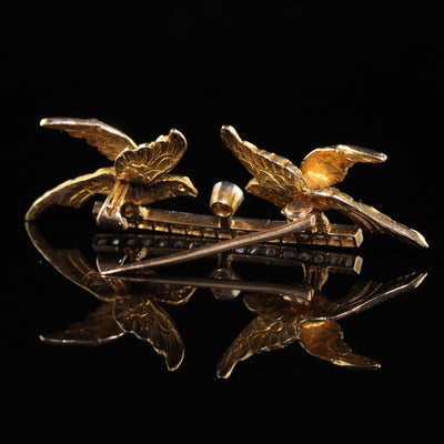 Antique Edwardian 18K Yellow Gold Platinum Top Rose Cut Double Bird Pin