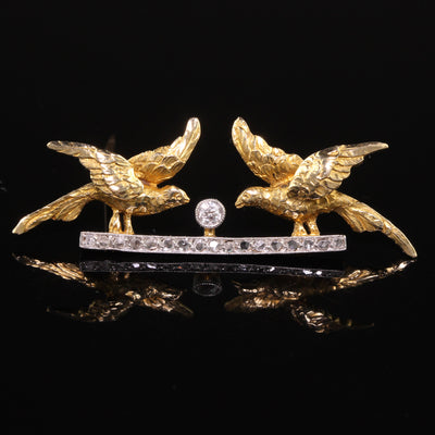 Antique Edwardian 18K Yellow Gold Platinum Top Rose Cut Double Bird Pin
