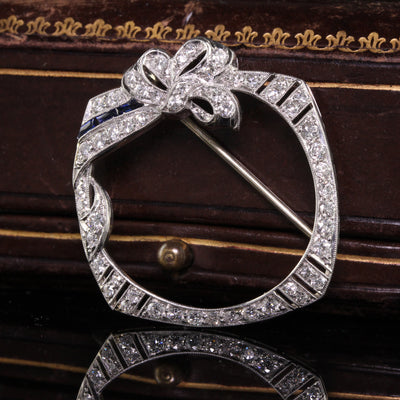 Antique Art Deco Platinum Old European Diamond Bow Pin