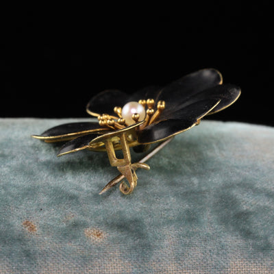 Antique Victorian 14K Yellow Gold Pearl Black Enamel Flower Pin