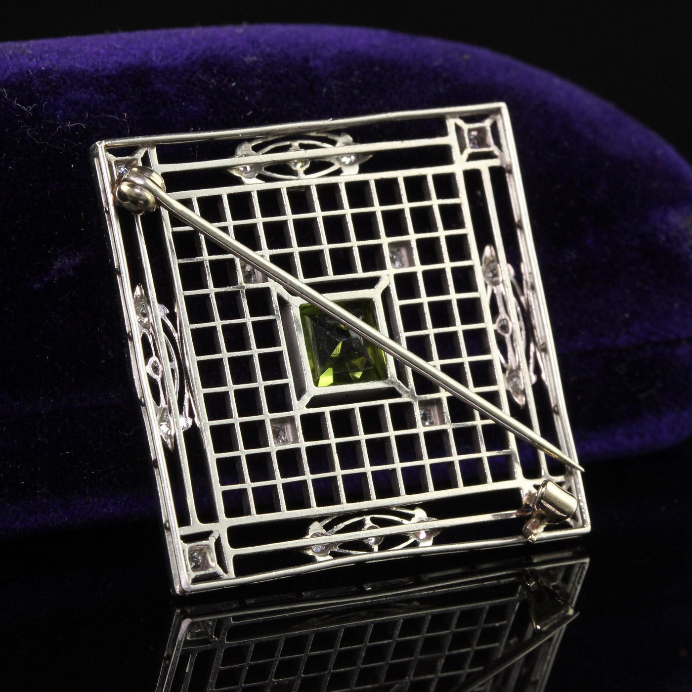 Antique Art Deco Shreve and Co Platinum French Cut Peridot Diamond Filigree Pin