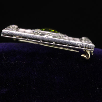 Antique Art Deco Shreve and Co Platinum French Cut Peridot Diamond Filigree Pin
