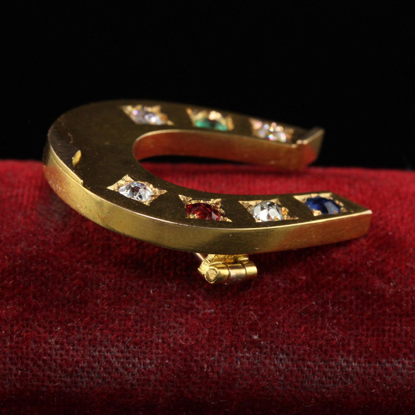 Antique Victorian 18K Gold Old Mine Diamond Ruby Sapphire Emerald Horseshoe Pin