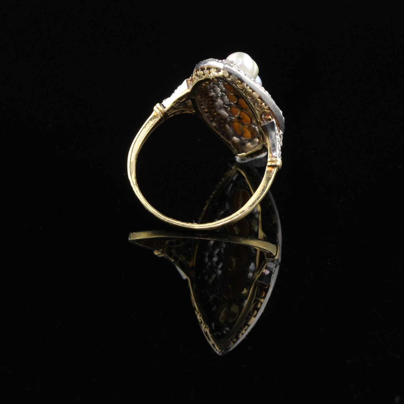 Antique Edwardian French Yellow Gold, Platinum, Diamond & Pearl Ring