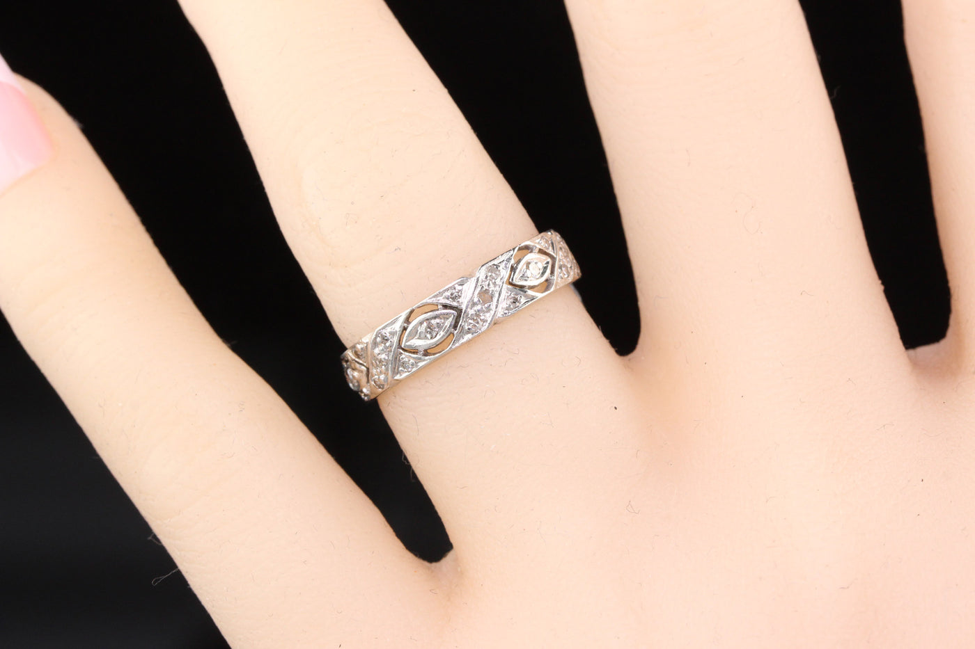 Antique Art Deco Platinum Diamond Filigree Wedding Band - Size 5 3/4