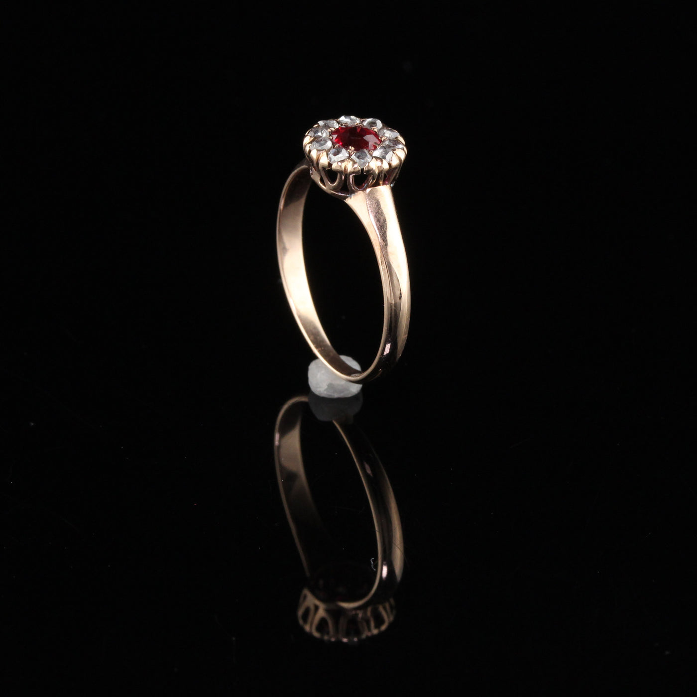 Victorian 10K Yellow Gold Rose Cut Diamond And Ruby Ring - Size 6 1/4