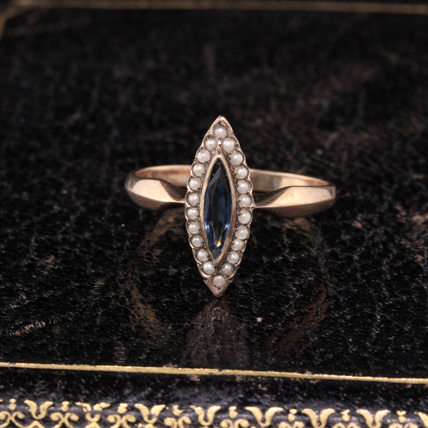Victorian 8K Yellow Gold Sapphire & Pearls Ring - Size 8